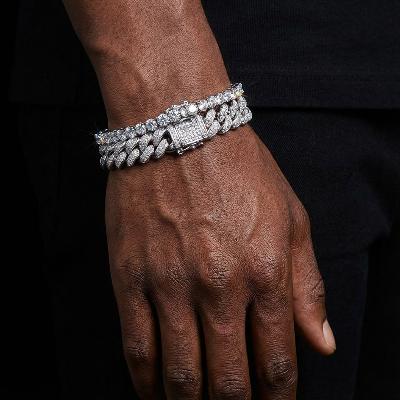 18K White Gold 13mm Iced Cuban and 5mm Tennis Bracelet Set