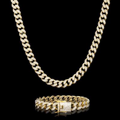 12mm Iced Miami Cuban Chain and Bracelet Set in Gold