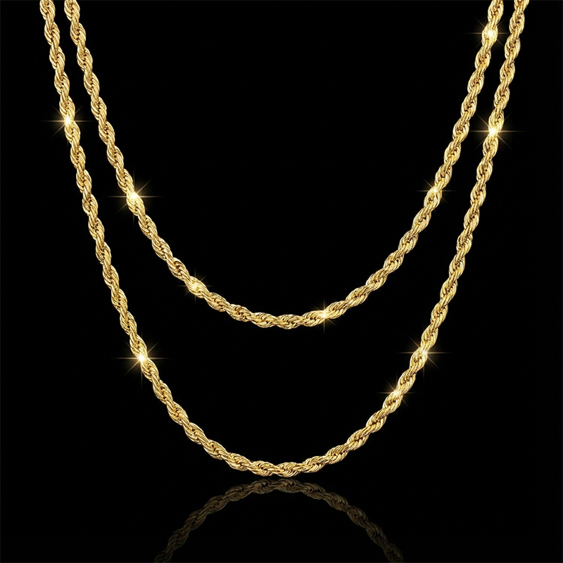 3mm 18K Gold Finish 2 Rope Chain Set