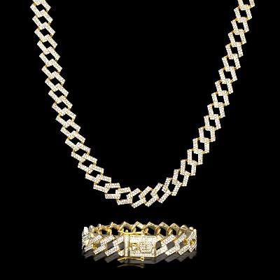 14mm Iced Prong Cuban Chain and Bracelet Set in Gold