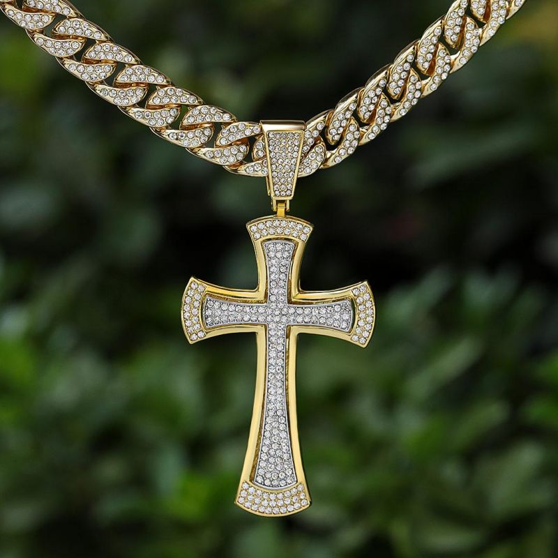 Two Tone Diamond Cross Pendant with 13mm Cuban Chain Set in Gold