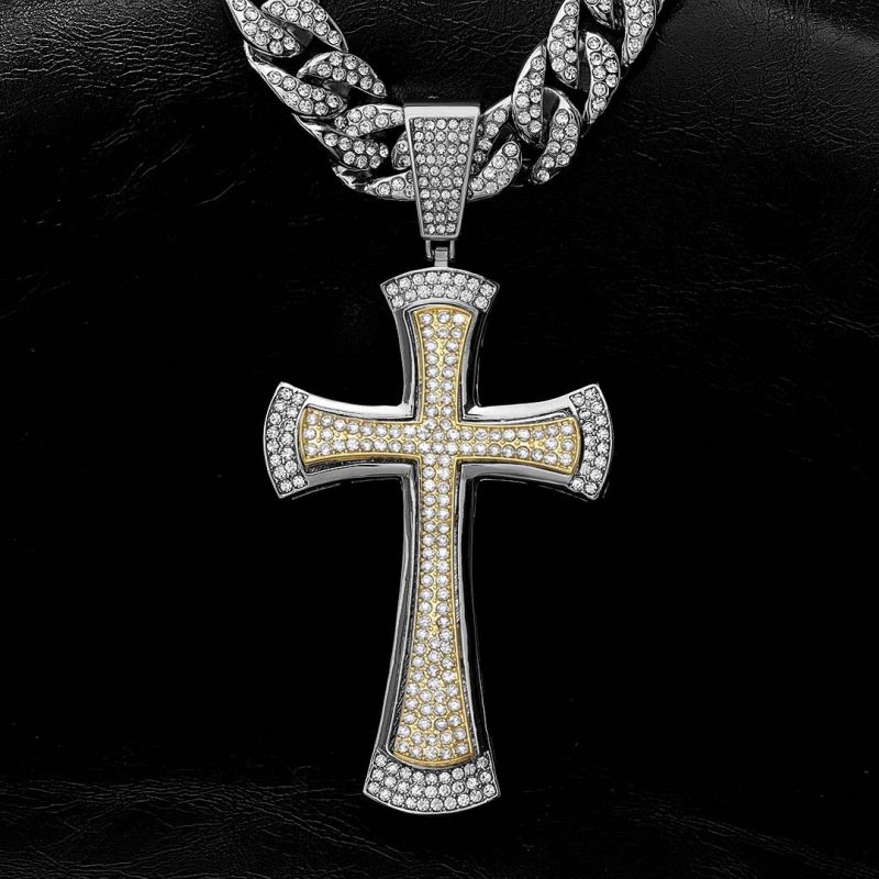 Two Tone Diamond Cross Pendant with 13mm Cuban Chain Set in White Gold