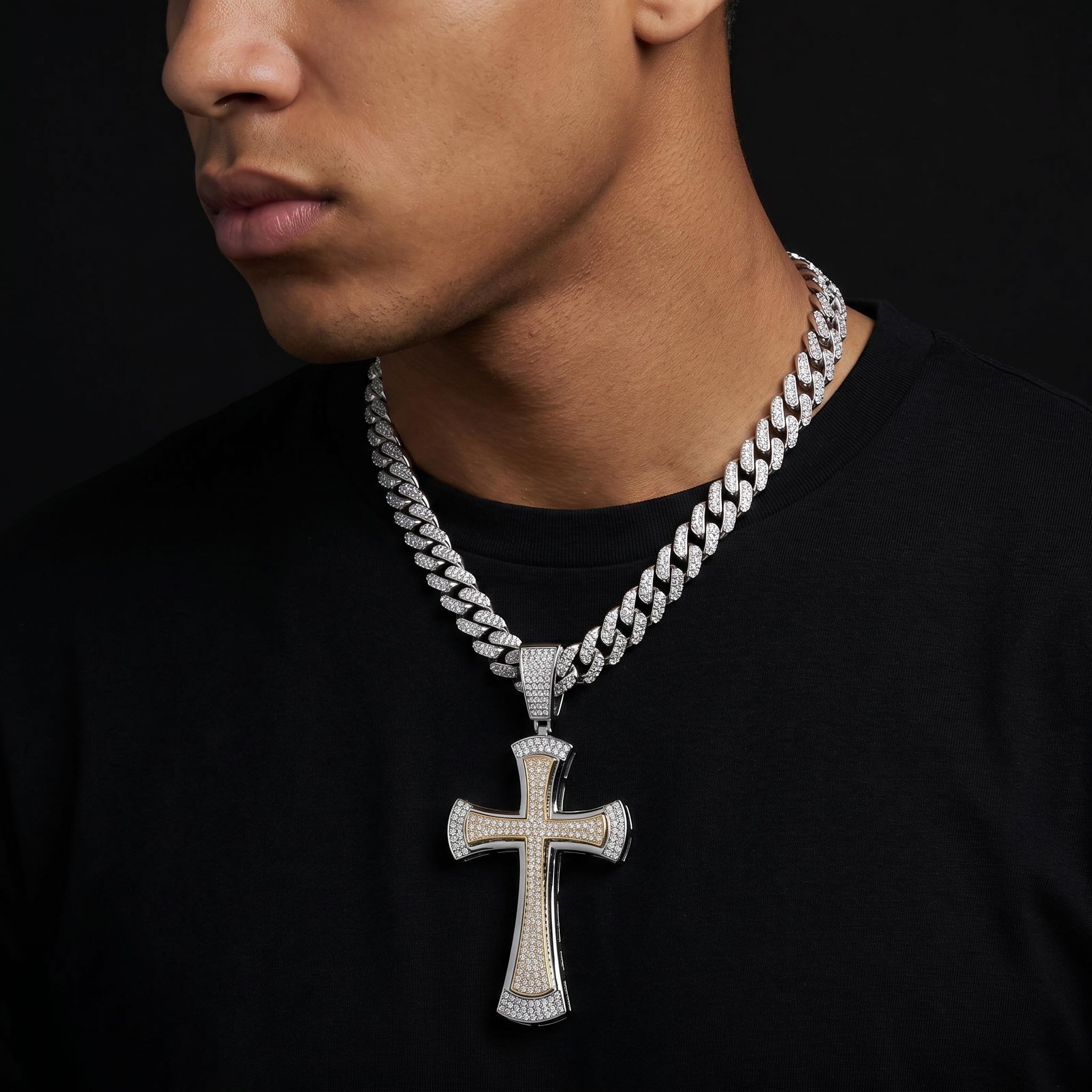 Two Tone Diamond Cross Pendant with 13mm Cuban Chain Set in White Gold Two Tone Diamond Cross Pendant with 13mm Cuban Chain Set in White Gold