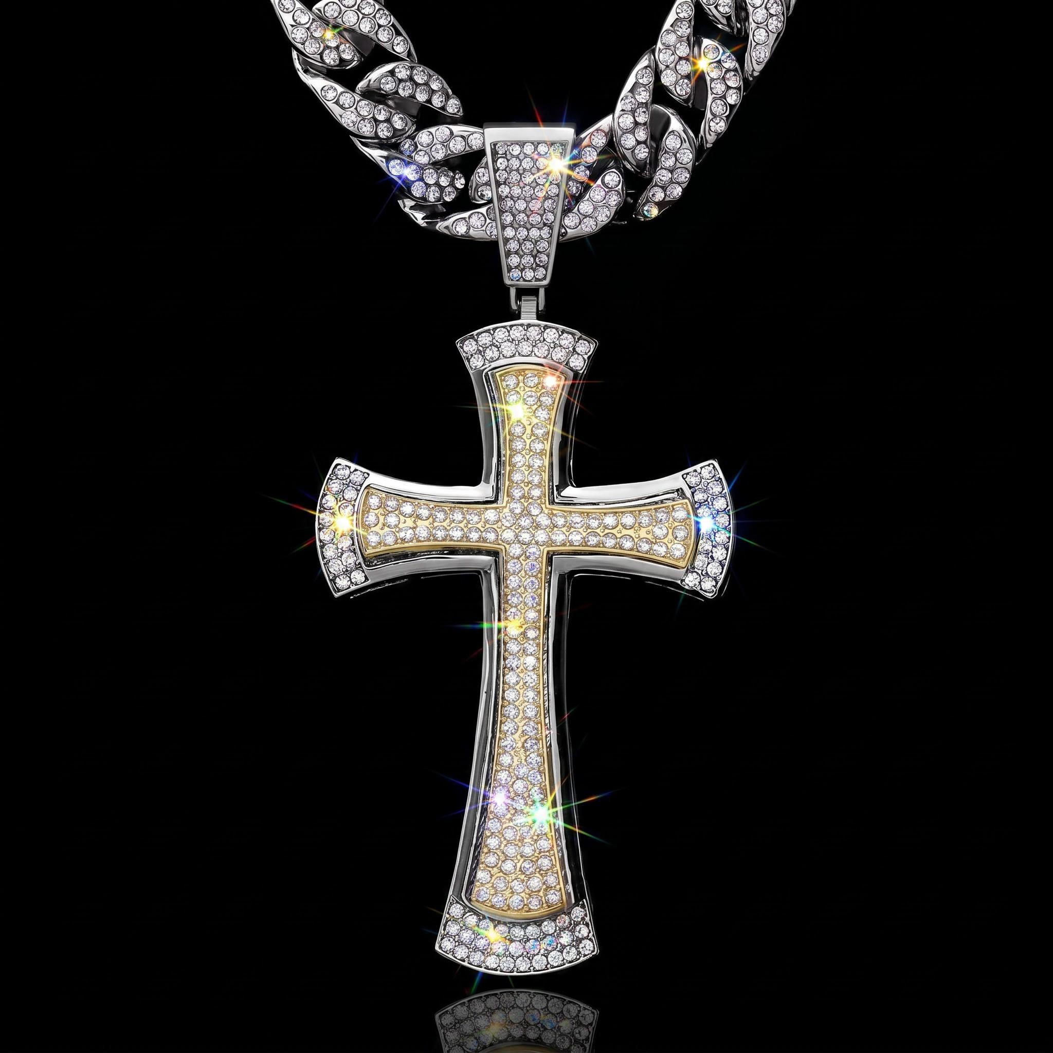 Two Tone Diamond Cross Pendant with 13mm Cuban Chain Set in White Gold Two Tone Diamond Cross Pendant with 13mm Cuban Chain Set in White Gold