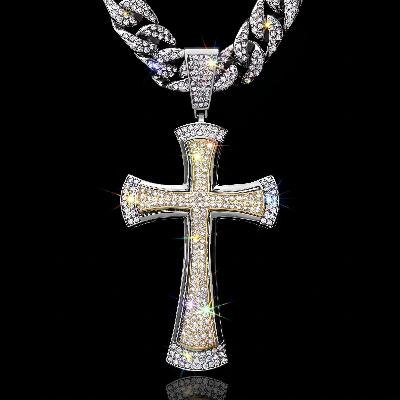 Two Tone Diamond Cross Pendant with 13mm Cuban Chain Set in White Gold