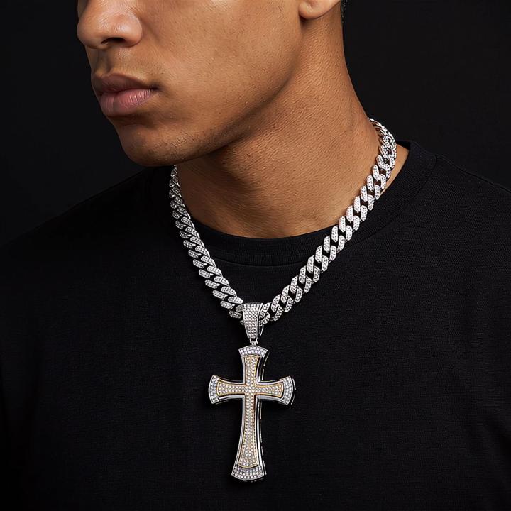 Two Tone Diamond Cross Pendant with 13mm Cuban Chain Set in White Gold Two Tone Diamond Cross Pendant with 13mm Cuban Chain Set in White Gold