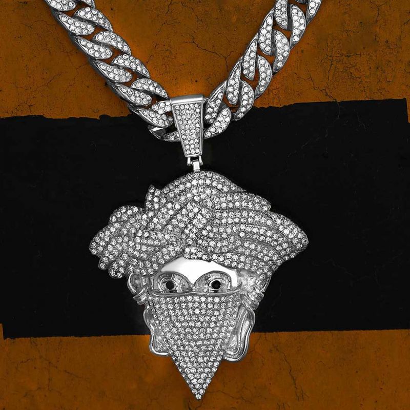 Iced Mask Snake Hair Banshee Pendant with 13mm Cuban Chain Set in White Gold