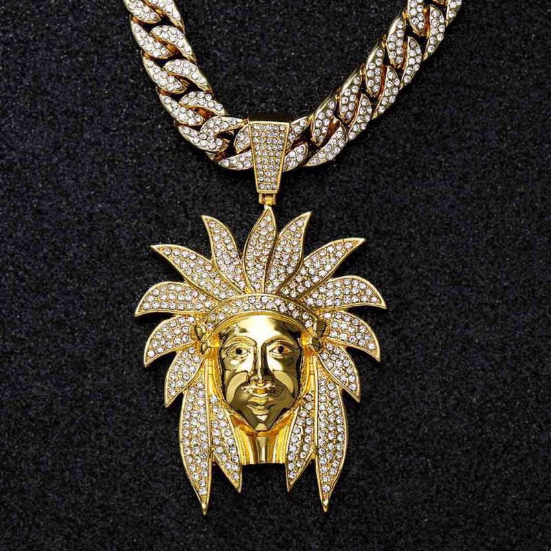 Iced Native American Pendant with 13mm Cuban Chain Set in Gold