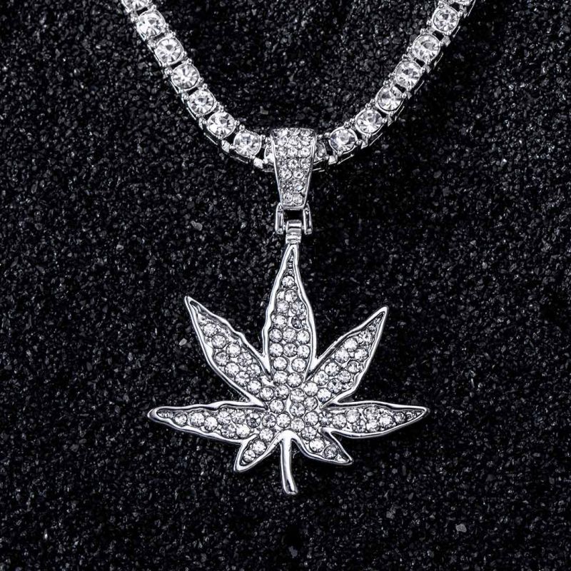 Iced Leaf Pendant with 4mm Tennis Set in White Gold