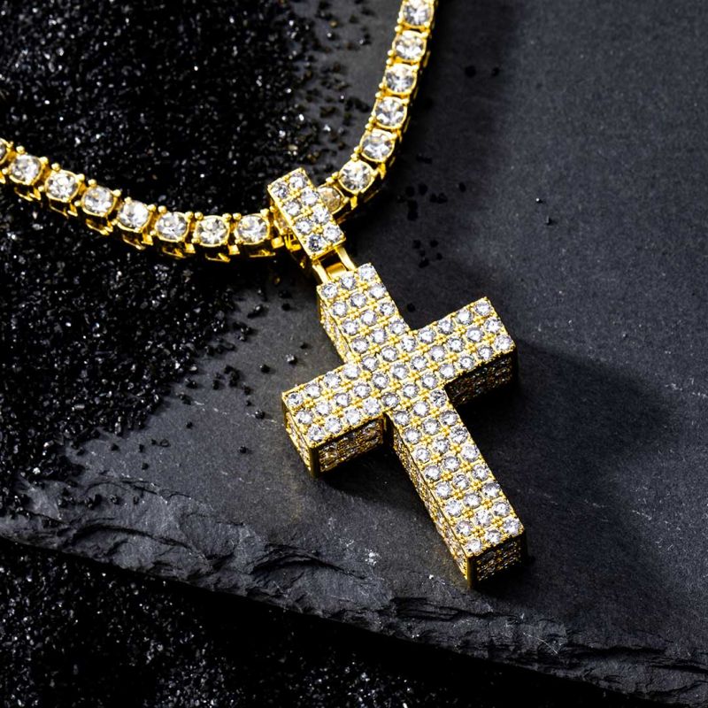 Iced Thick Cross Pendant with Tennis Chain Set in Gold