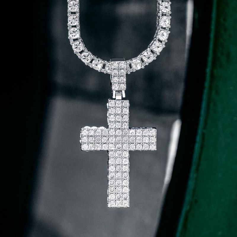 Iced Thick Cross Pendant with Tennis Chain Set in White Gold