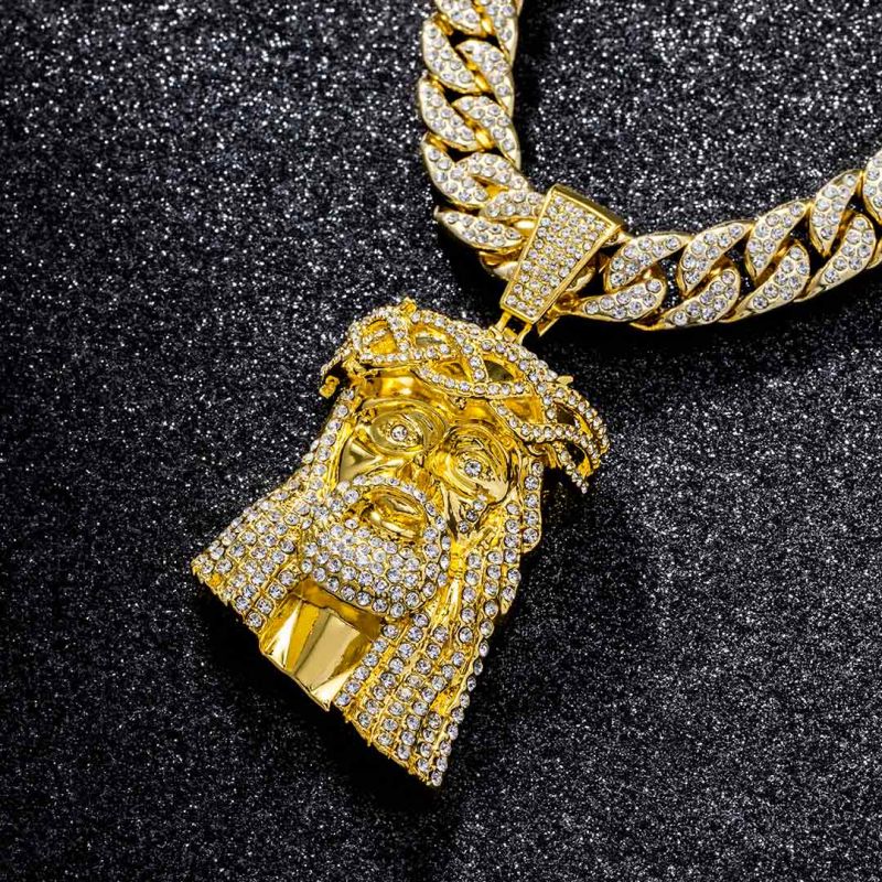 Iced Large Jesus Pendant with Iced Cuban Chain Set in Gold