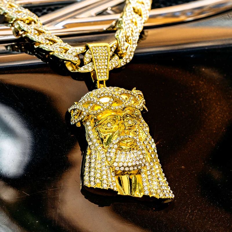 Iced Large Jesus Pendant with Iced Cuban Chain Set in Gold