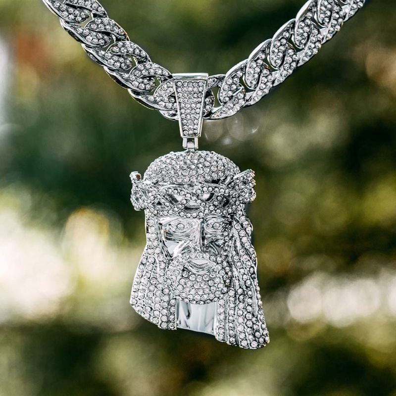 Iced Large Jesus Pendant with Iced Cuban Chain Set in White Gold