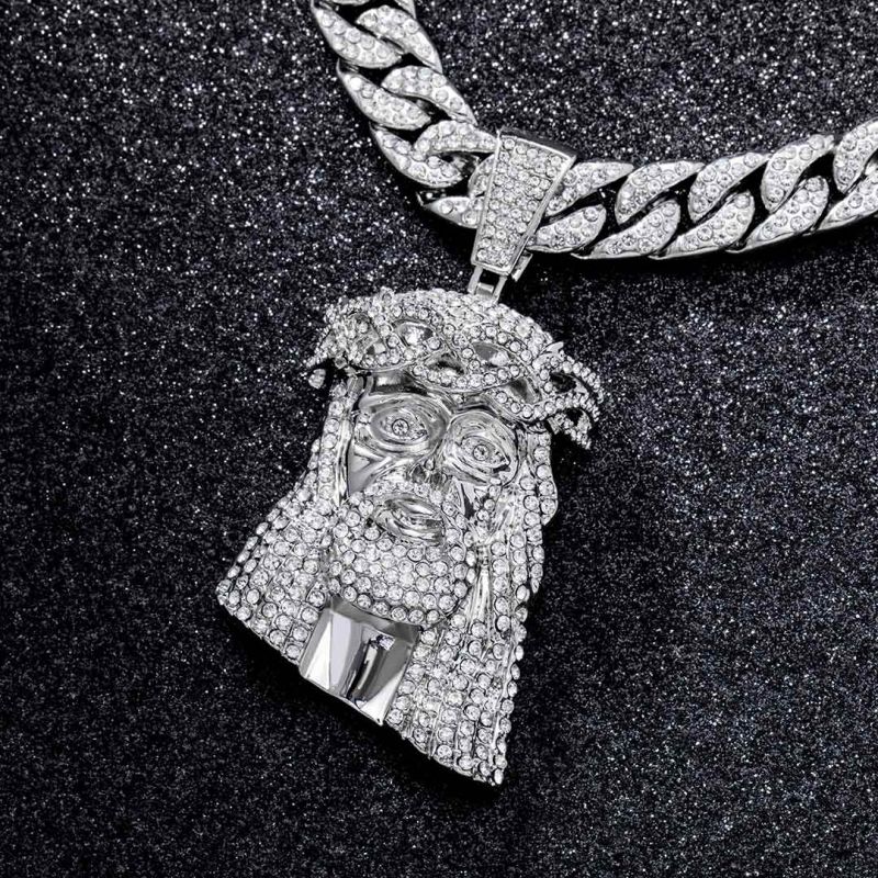 Iced Large Jesus Pendant with Iced Cuban Chain Set in White Gold