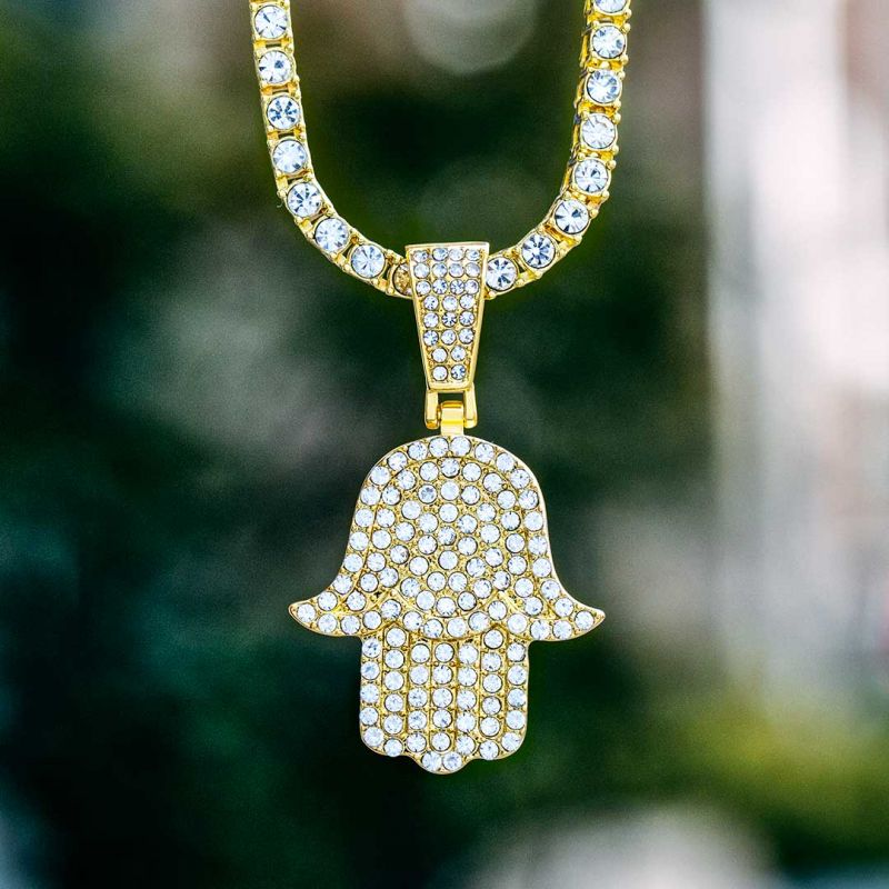 Iced Hamsa Pendant with Tennis Chain Set in Gold