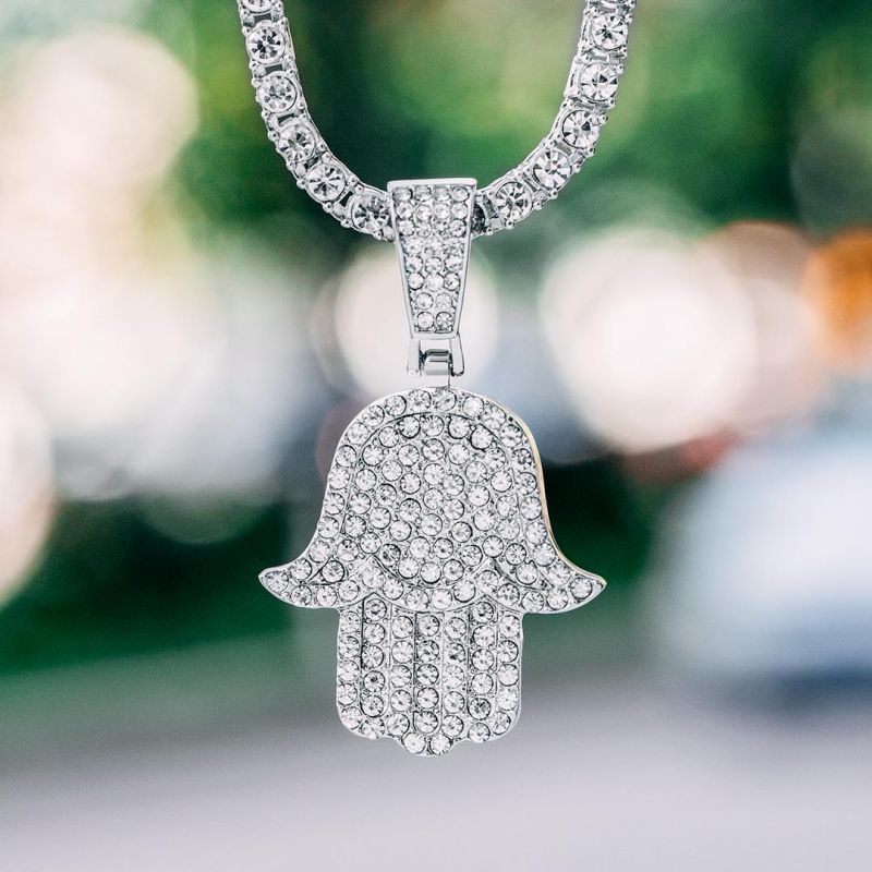 Iced Hamsa Pendant with Tennis Chain Set in White Gold