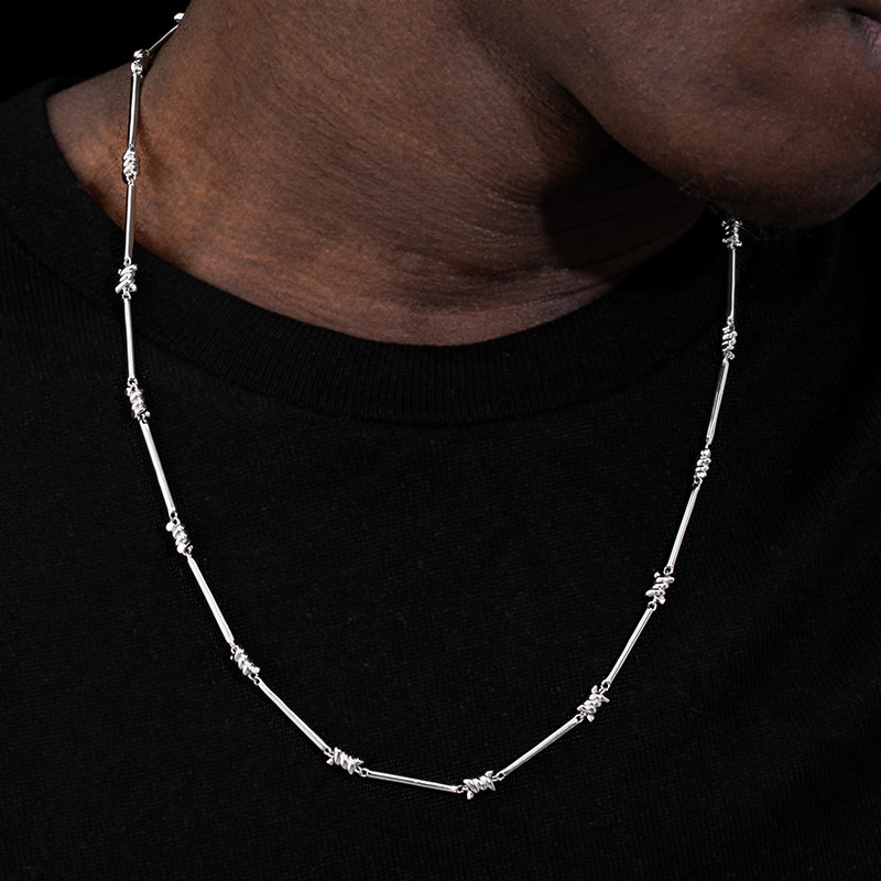 Thorns Barb Wire + 3mm Cuban Chain Necklace Set in White Gold