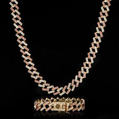 Iced 14mm White & Pink Prong Cuban Chain Set in Gold