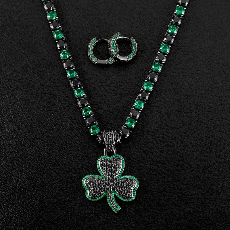 Iced Emerald & Black Three-Leaf Pendant+Tennis Chain+Earring Set