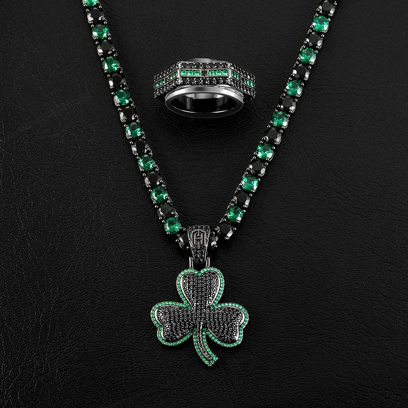 Iced Emerald & Black Three-Leaf Pendant+Tennis Chain+Rotatable Ring Set