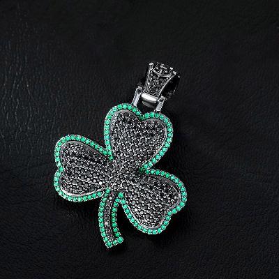 Iced Emerald & Black Three-Leaf Pendant+Tennis Chain+Rotatable Ring Set
