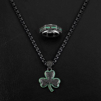 Iced Emerald & Black Three-Leaf Pendant+Rotatable Ring Set