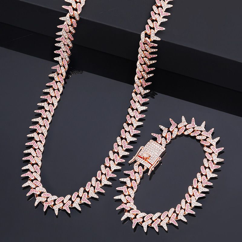 Iced 13mm Pink/Blue Rivet Spike Thorns Cuban Chain and Bracelet Set