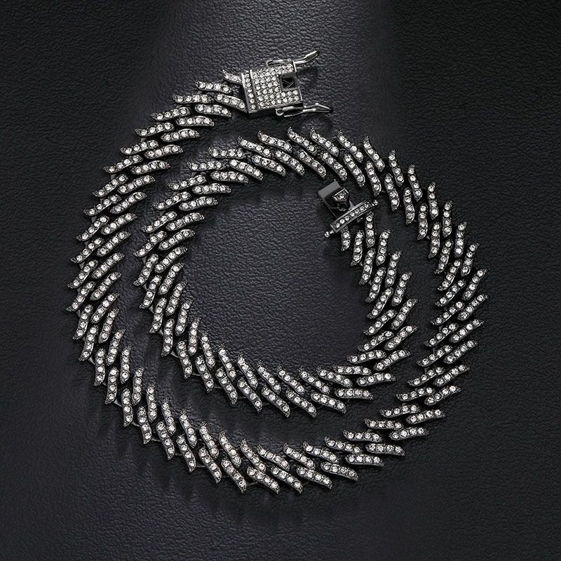 14mm Iced Spiked Cuban Chain and Bracelet Set in Black Gold