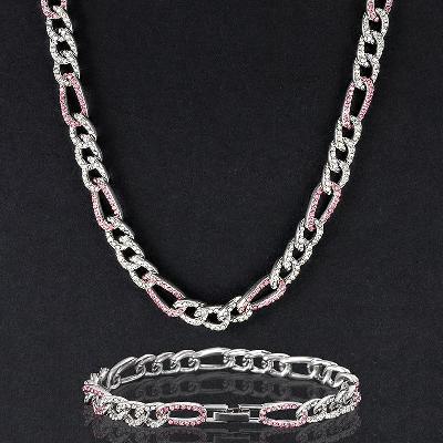 7mm Iced Figaro Chain and Bracelet Set-White&Blue/White&Pink