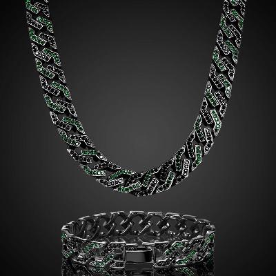 14mm Iced Emerald&Black Cuban Link Chain and Bracelet Set in Black Gold