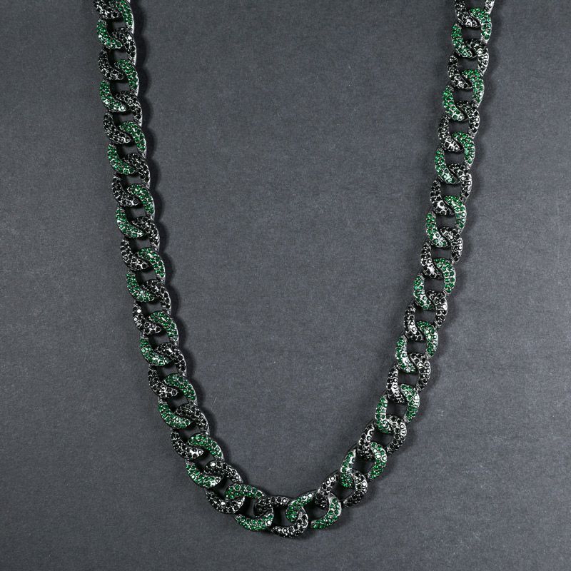 12mm Iced Cuban Link Chain and Bracelet Set-White&Black/Emerald&Black