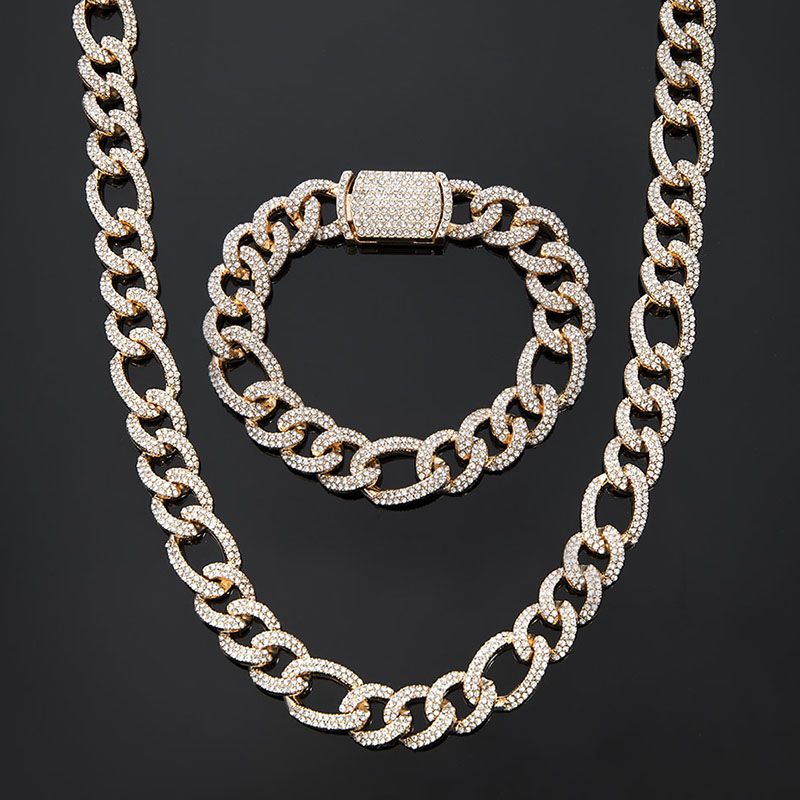 13mm Iced Figaro Chain and Bracelet Set in Gold