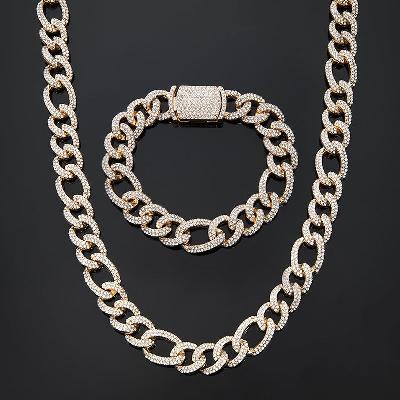 13mm Iced Figaro Chain and Bracelet Set in Gold