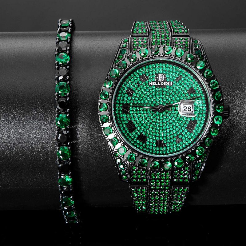 Iced Emerald Roman Numerals Watch+5mm Emerald & Black Tennis Bracelet Set