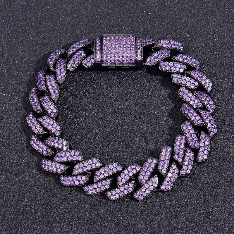 Purple Round Cut Luminous Men's Watch+15mm Cuban Bracelet Set in Black Gold