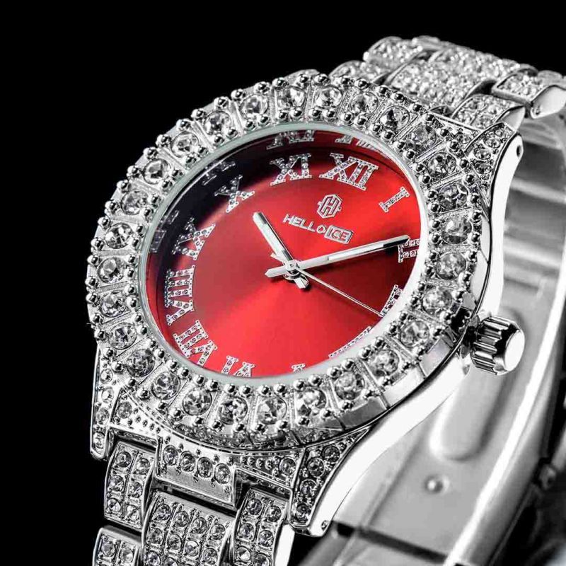 Iced 13mm Cuban Chain+Iced Red Watch Set in White Gold