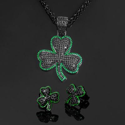 Iced Emerald & Black Stones Three Leaves Pendant+Enamel Three Leaves Earrings Set