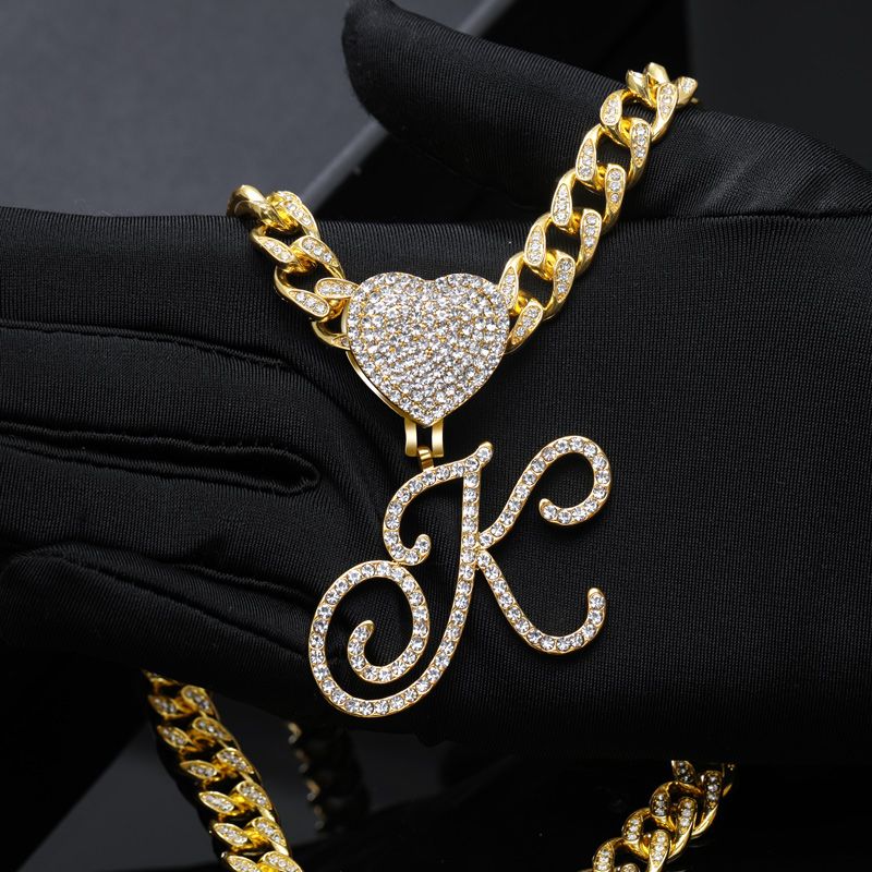Iced Love Buckle Cursive Initial Letter Pendant with Necklace in Gold