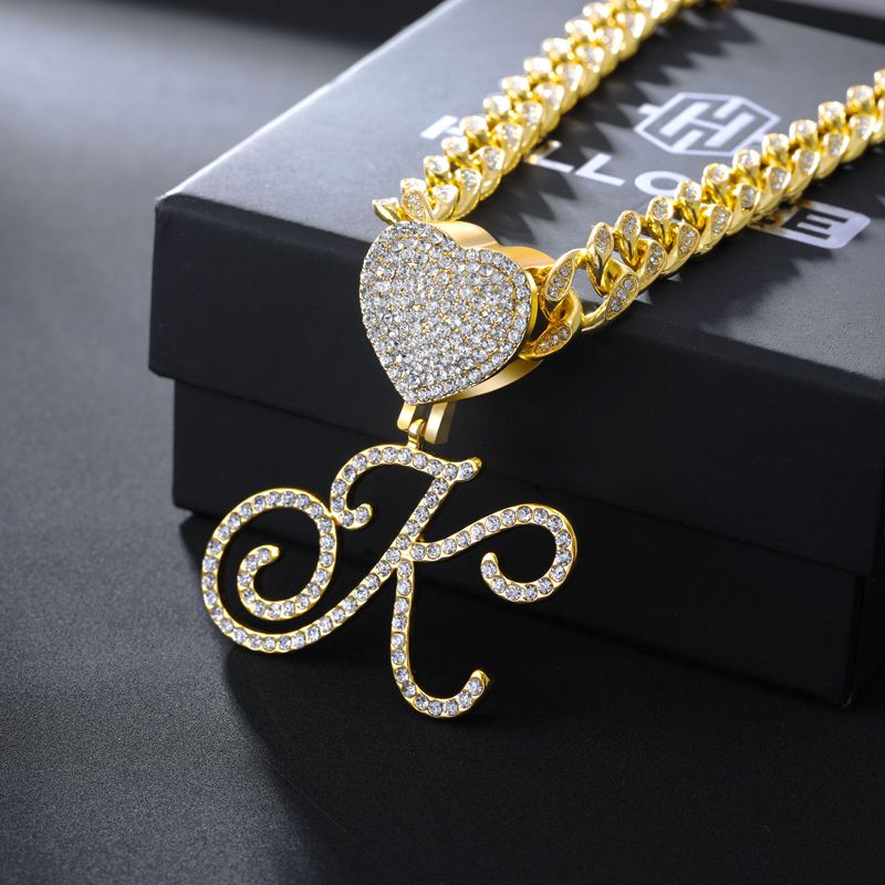 Iced Love Buckle Cursive Initial Letter Pendant with Necklace in Gold