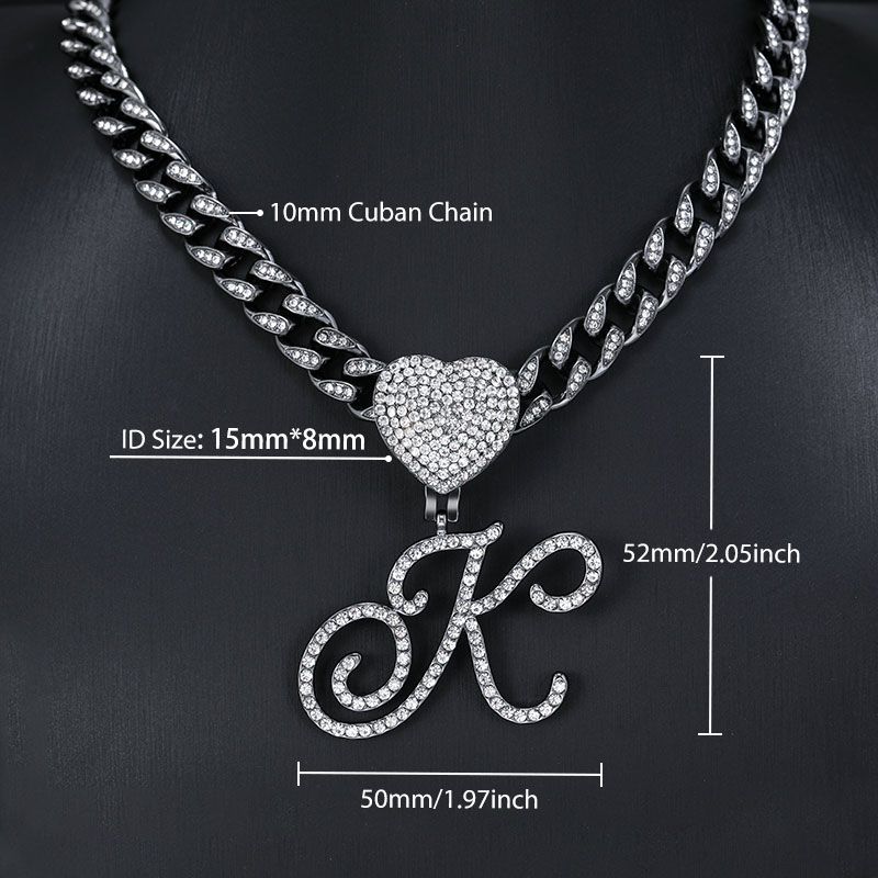 Iced Love Buckle Cursive Initial Letter Pendant with Necklace in Black Gold