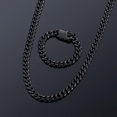 10mm Stainless Steel Cuban Chain and Bracelet Set in Black Gold