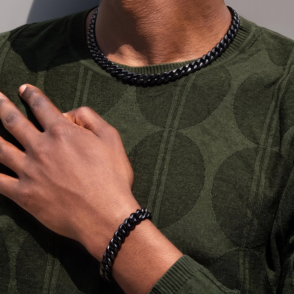 10mm Stainless Steel Cuban Chain and Bracelet Set in Black Gold 10mm Stainless Steel Cuban Chain and Bracelet Set in Black Gold
