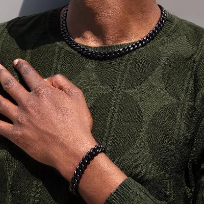 10mm Stainless Steel Cuban Chain and Bracelet Set in Black Gold