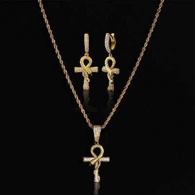 Iced Ankh Ouroboros Cross Pendant and Earrings Set in Gold