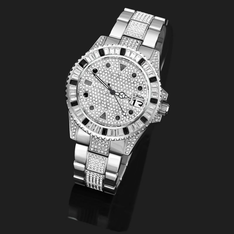 Iced Black Stones Rotatable Bezel Watch & Figaro Bracelet Set in White Gold