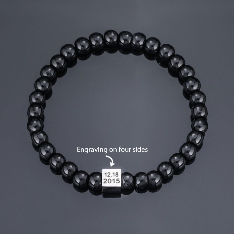Personalized 4 Engravable Sides Cube Black Obsidian Beads Bracelet & Round Box Bracelet Set