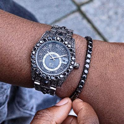 Iced Round Cut Arabic Numerals Watch & 5mm Tennis Bracelet Set in Black Gold
