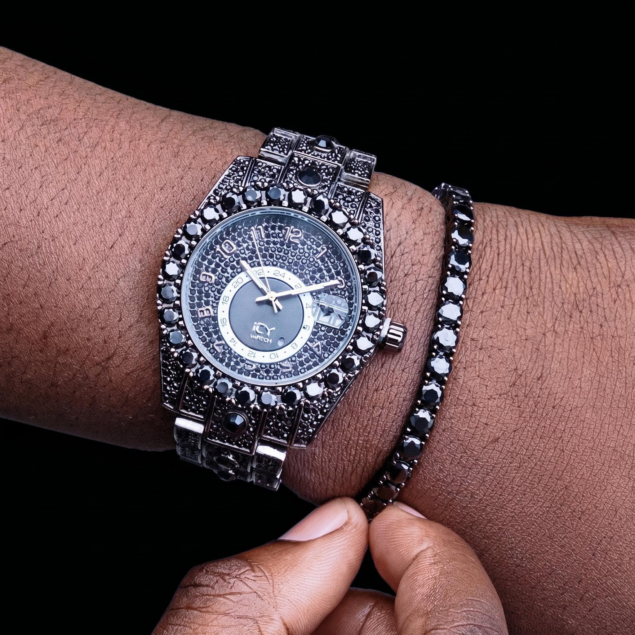 Iced Round Cut Arabic Numerals Watch & 5mm Tennis Bracelet Set in Black Gold