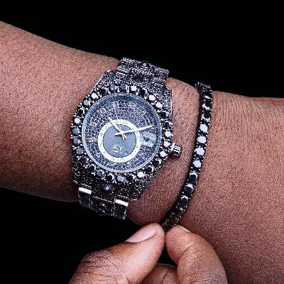 Iced Round Cut Arabic Numerals Watch & 5mm Tennis Bracelet Set in Black Gold